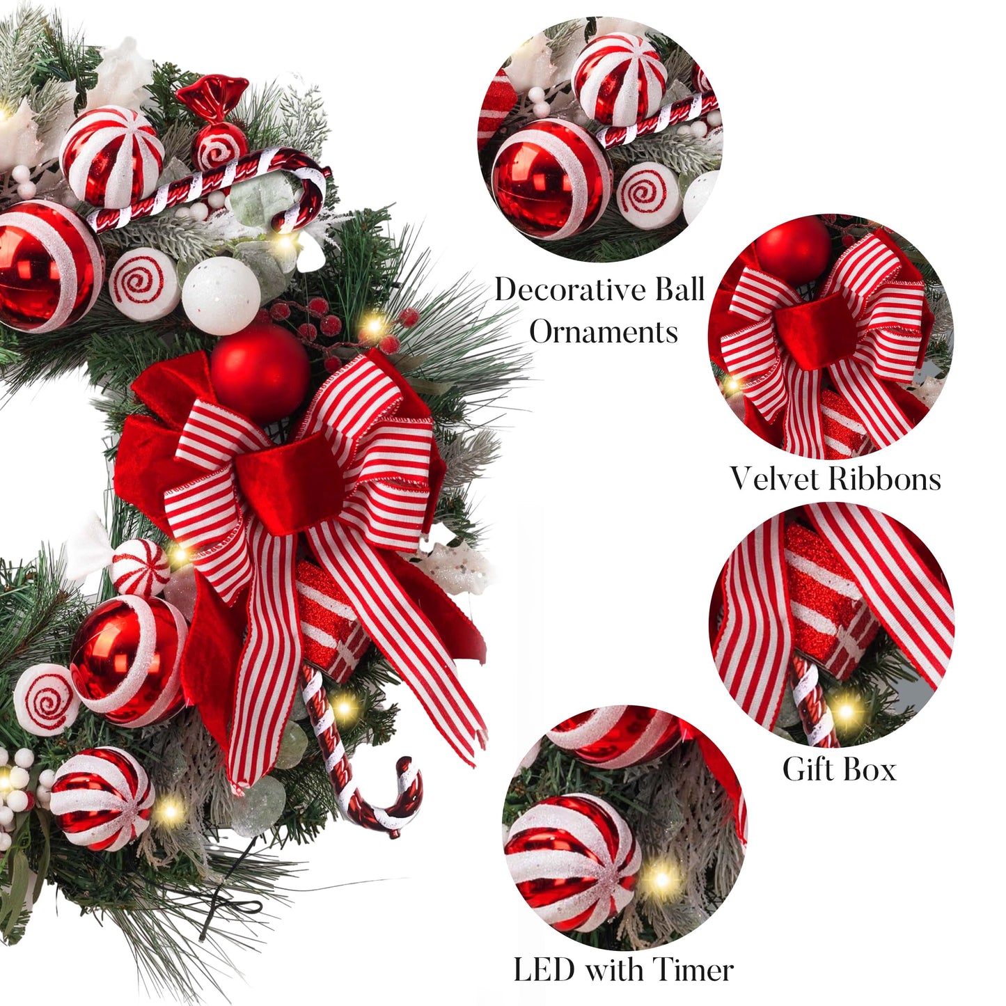 Valery Madelyn 30'' Pre-Lit Christmas Wreath for Front Door with Lights, Large Lighted Outdoor Christmas Wreath with Red White Xmas Balls & Bow for Home Porch Fireplace Window Holiday Wall Decor