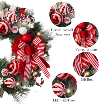 Valery Madelyn 30'' Pre-Lit Christmas Wreath for Front Door with Lights, Large Lighted Outdoor Christmas Wreath with Red White Xmas Balls & Bow for Home Porch Fireplace Window Holiday Wall Decor
