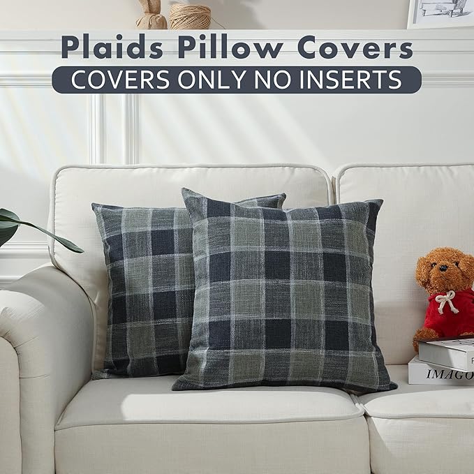 Stellhome Pack of 2 Linen Buffalo Check Throw Pillow Covers, Farmhouse Plaid