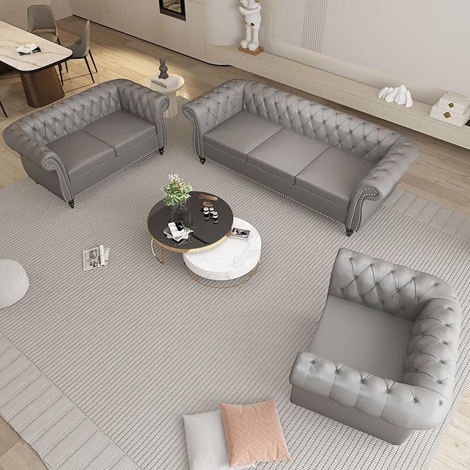 ORRD 2 Piece Living Room Set, Chesterfield Leather Sofa Loveseat Couch Chair