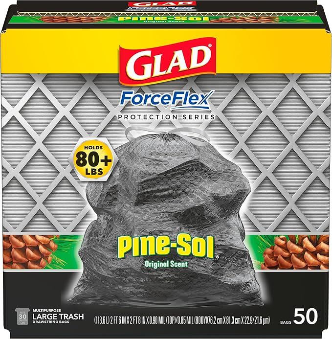 Glad Large 30 Gallon Trash Bags, Pine-Sol Heavy Duty Garbage Bags, Forceflex