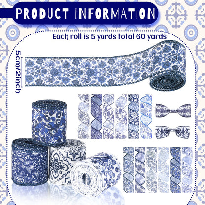 Chunful 12 Rolls Blue Floral Wired Edge Ribbon for Wreaths 2 Inch x 60 Yards Chinoiserie Print Grosgrain Ribbon for Gift Wrapping Hair Bow Sewing Wreath Party Supplies 12 Styles