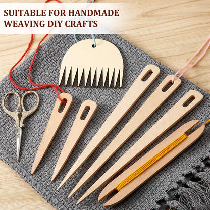 7 Piece Wood Hand Loom Stick Set - Include 5 Wooden Weaving Needles, Shuttles, Stick & Comb for Knitted Crafts DIY