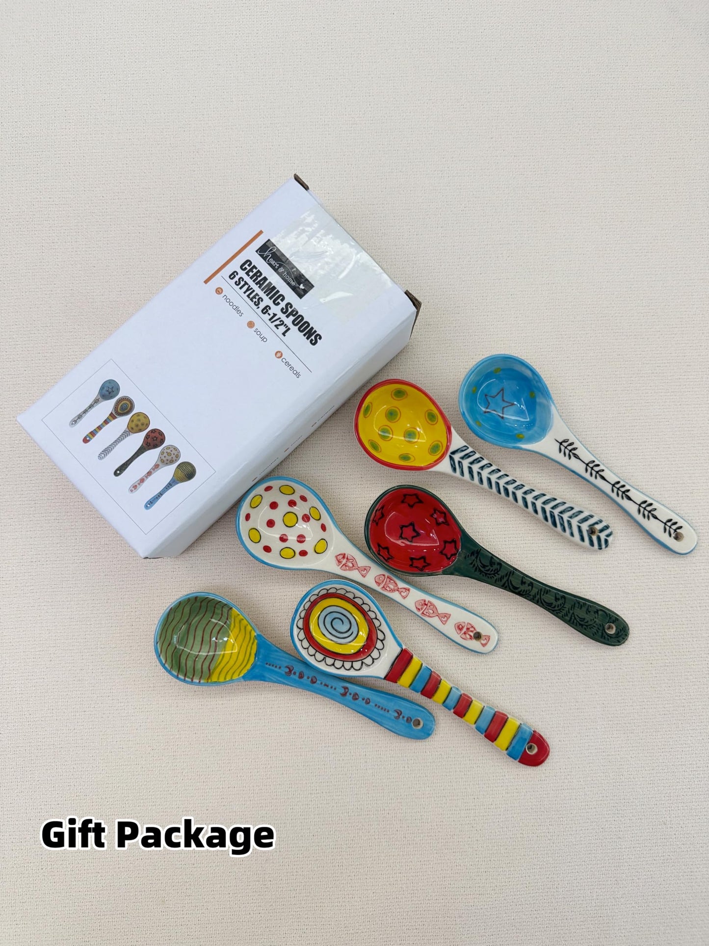 Ceramic Soup Spoons 6 Pcs- Hand-Painted Vibrant Small Serving Spoons for Ramen, Cereal, Yogurt, Dips, Microwave & Dishwasher Safe, Cute Spoons for Kitchen & Gifts
