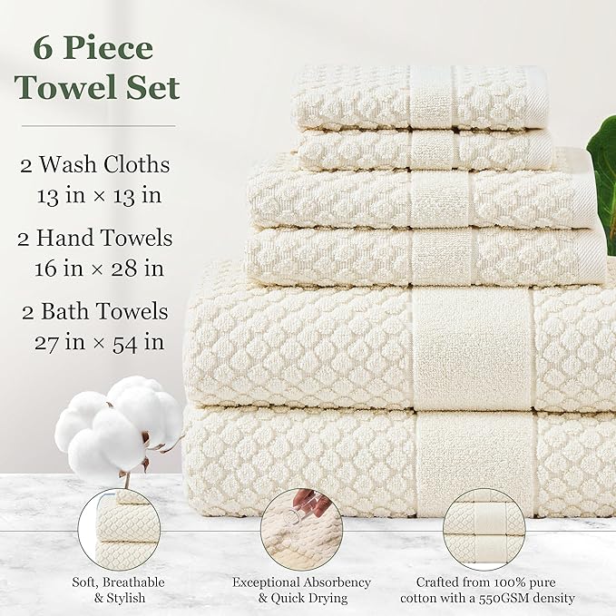 Simple&Opulence 6 Piece Luxury Towel Set, 100% Cotton Bathroom Towels