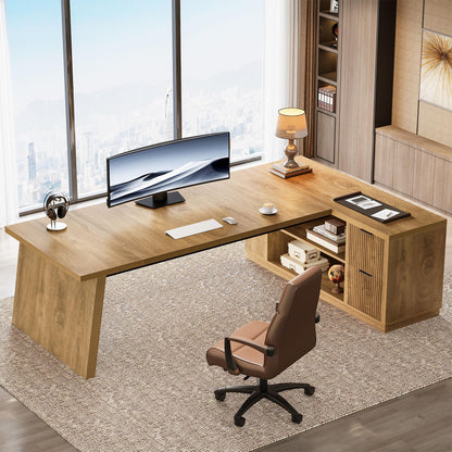 Tribesigns 78" L Shaped Desk with Drawers, Large Executive Office Desk with File Cabinet and Shelves, Modern Corner Computer Table Business Furniture for Home Office, Brown