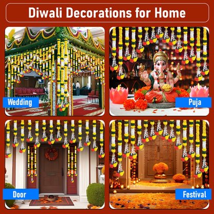 DIYANA IMPEX 4 Pc Artificial Marigold Garland with Bells, 5 Ft Long Hanging Flower Strings for Diwali Decorations, Indian Wedding, Party, Home Decor, Ganpati Hanging Decor & Mantle Decor (Yellow)