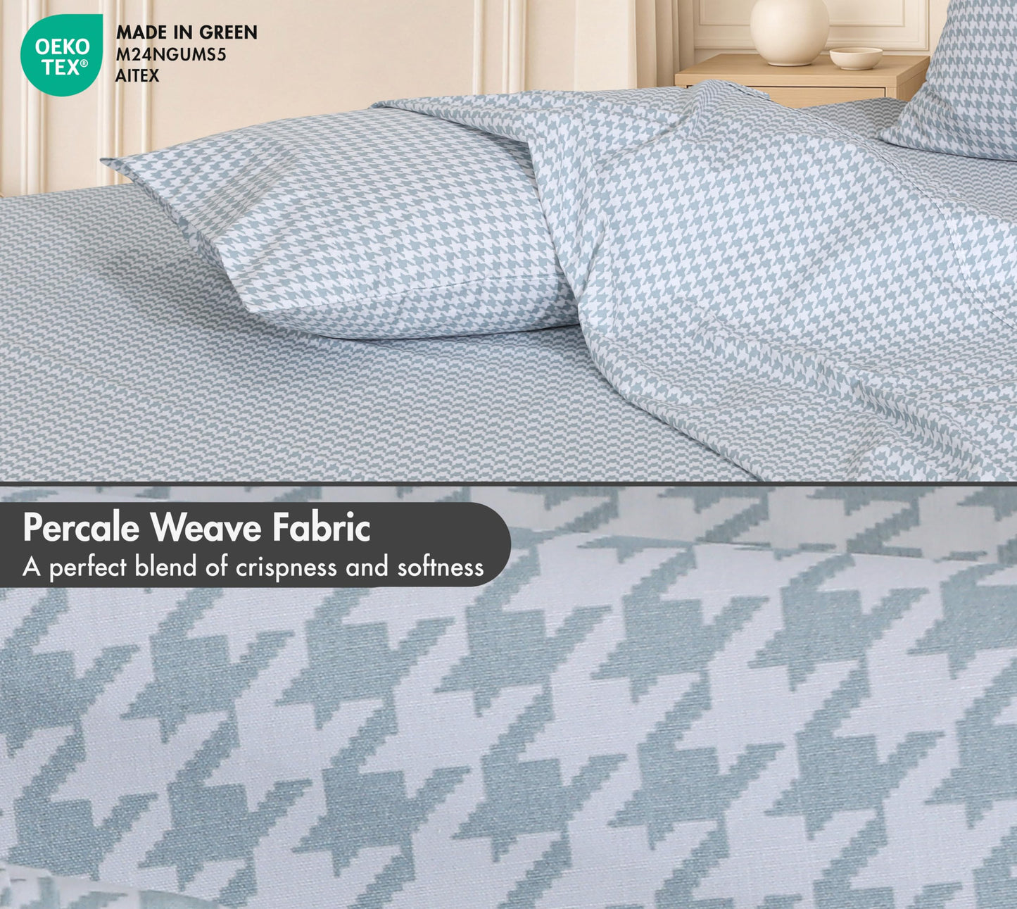 RUVANTI 100% Cotton Percale Sheets Queen Size – Crisp Cooling Bed Sheets for Hot Sleepers, Deep Pocket 16”, Soft Breathable & Durable Hotel-Style 4 Piece Set, Houndstooth