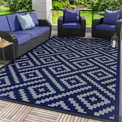GENIMO Outdoor Rug for Patio Clearance, 10'x14' Waterproof Camping Mat, Reversible Plastic Straw Rugs for RV, Camper, Balcony, Backyard, Picnic, Deck (Blue & Grey)