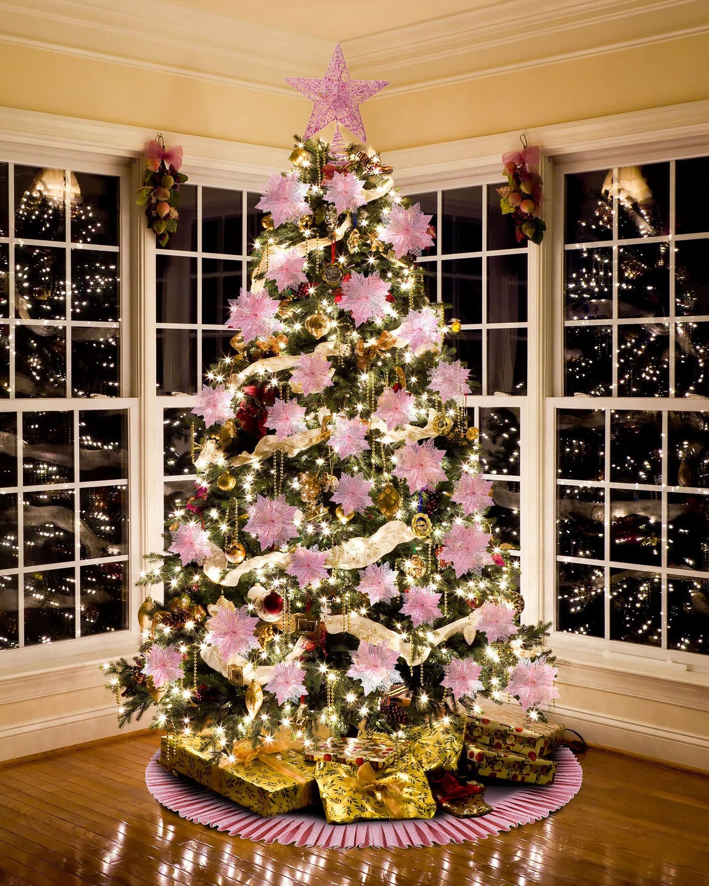 Sratte 6 inch Glittered Christmas Tree Topper Metal Christmas Star Treetop 31.5 Inch Glittered Christmas Tree Skirt and Christmas Flowers Decoration for Xmas Home Door Decor (Pink)