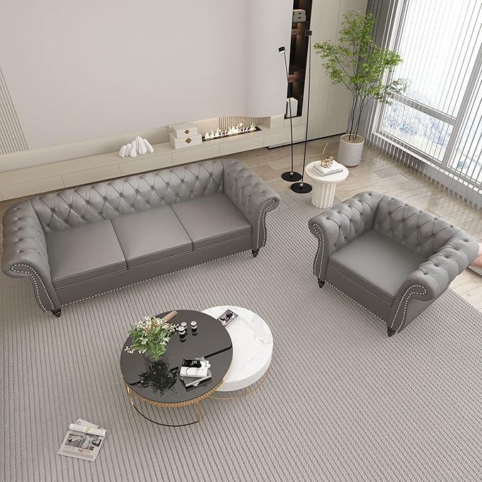 ORRD 2 Piece Living Room Set, Chesterfield Leather Sofa Loveseat Couch Chair
