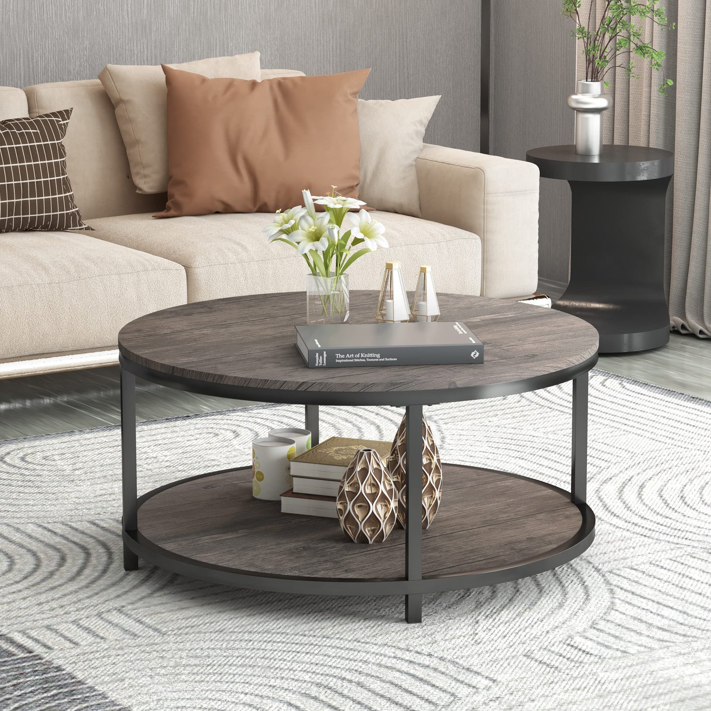 NSdirect Round Coffee Table,36" Coffee Table for Living Room,2-Tier Rustic Wood Desktop with Storage Shelf Modern Design Home Furniture(Light Walnut)