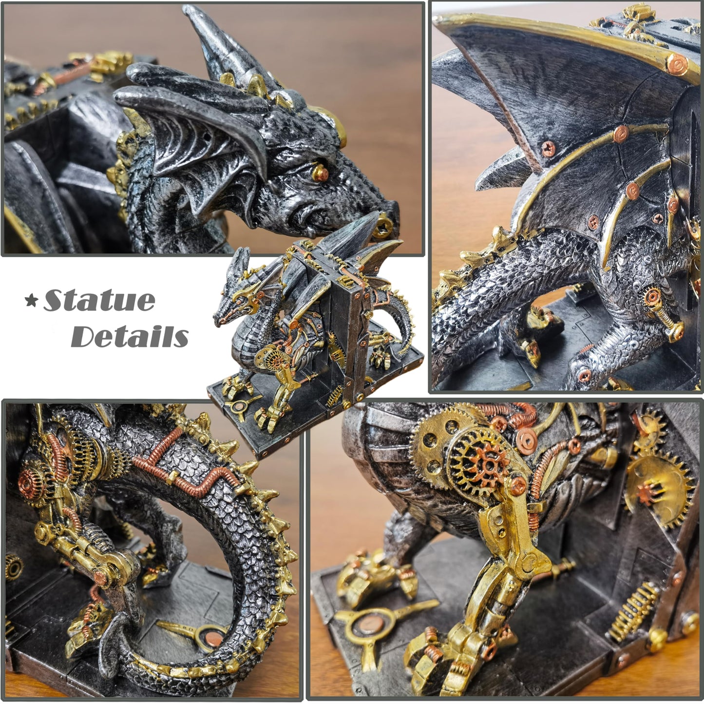 Large Steampunk Fantasy Dragon Statue, Decorative Bookends for Heavy Books, Unique Book Ends Decor for Shelves.