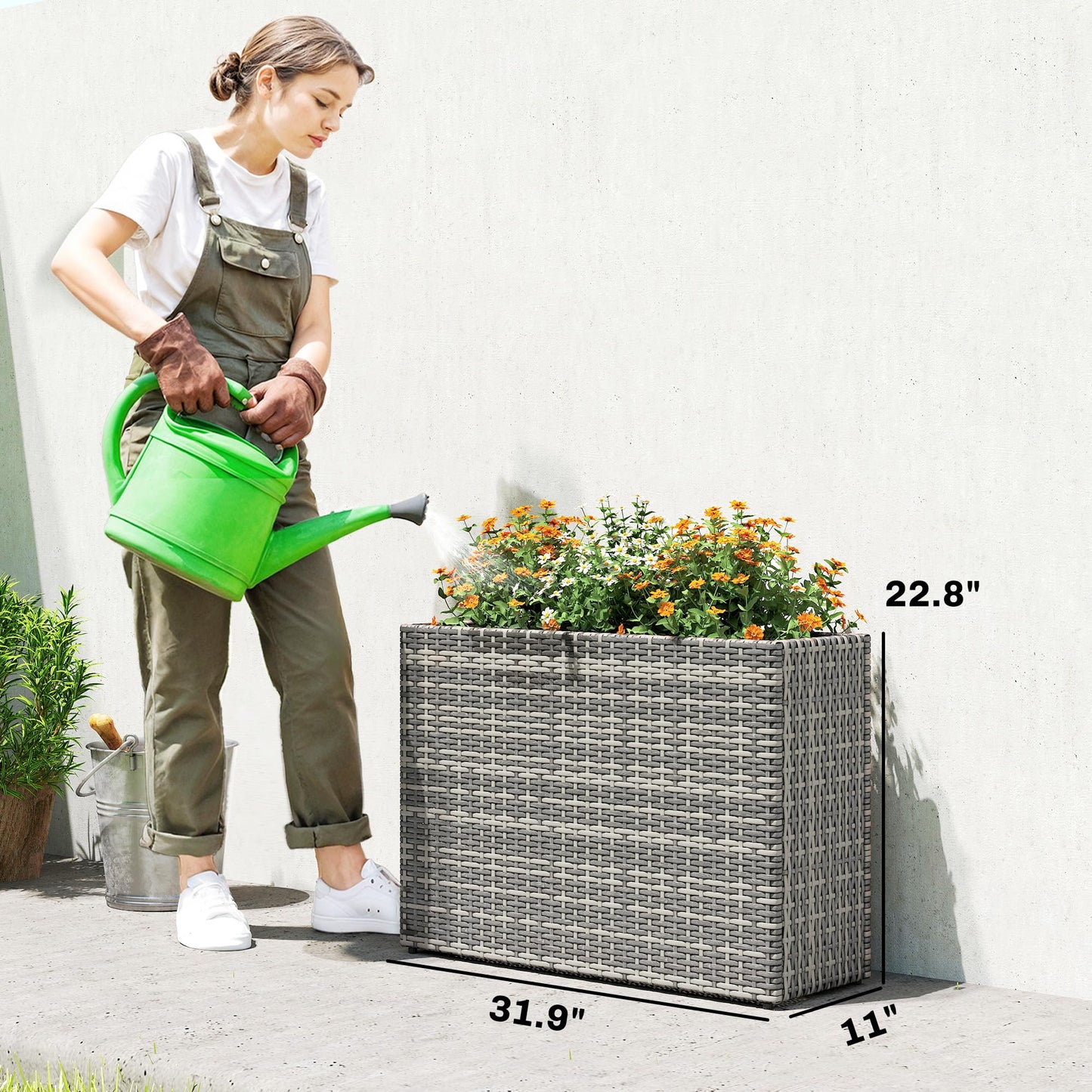 Outsunny Tall Rectangular Planter with Removable Liner, PE Wicker Large Planters for Outdoor Plants, Freestanding Indoor Outdoor Planter Box with Drainage Holes for Flowers, Vegetables, Gray