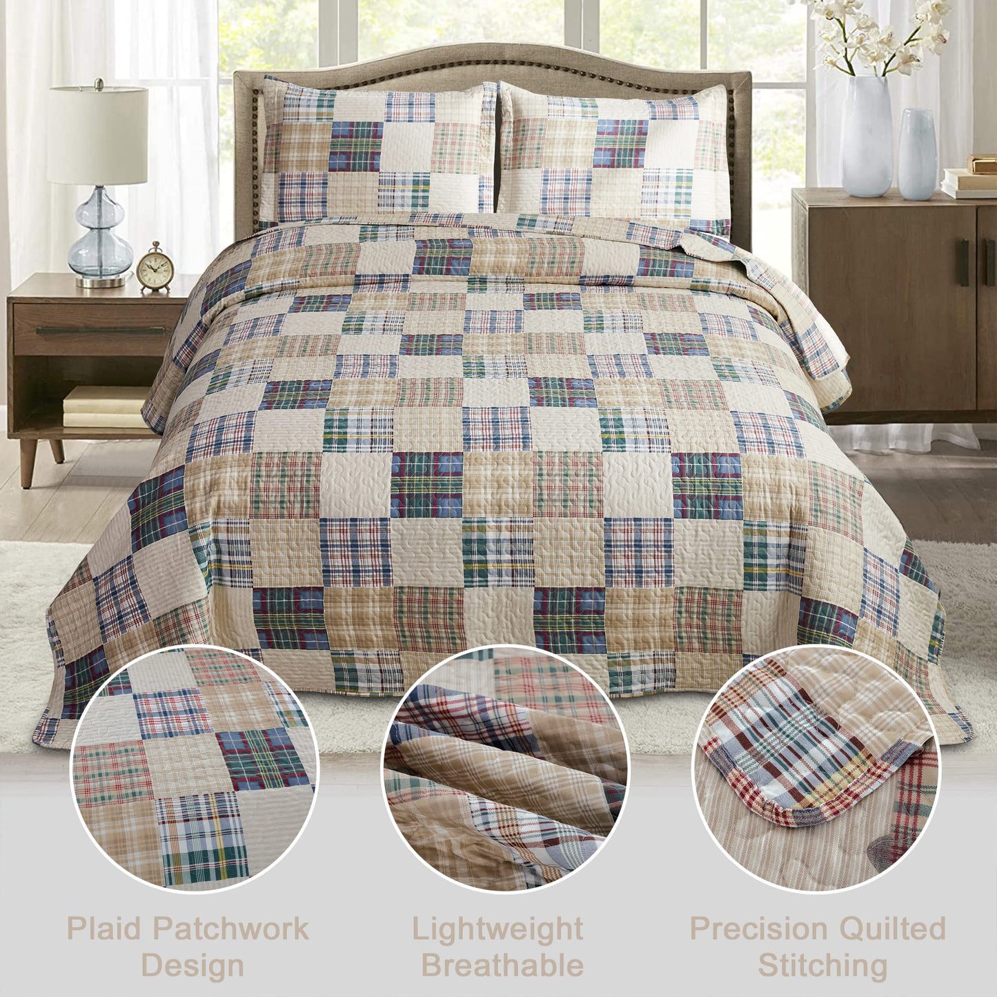 Plaid Collection King Size Quilt Set - Lightweight Reversible Bedspread with Pillow Shams, Beige