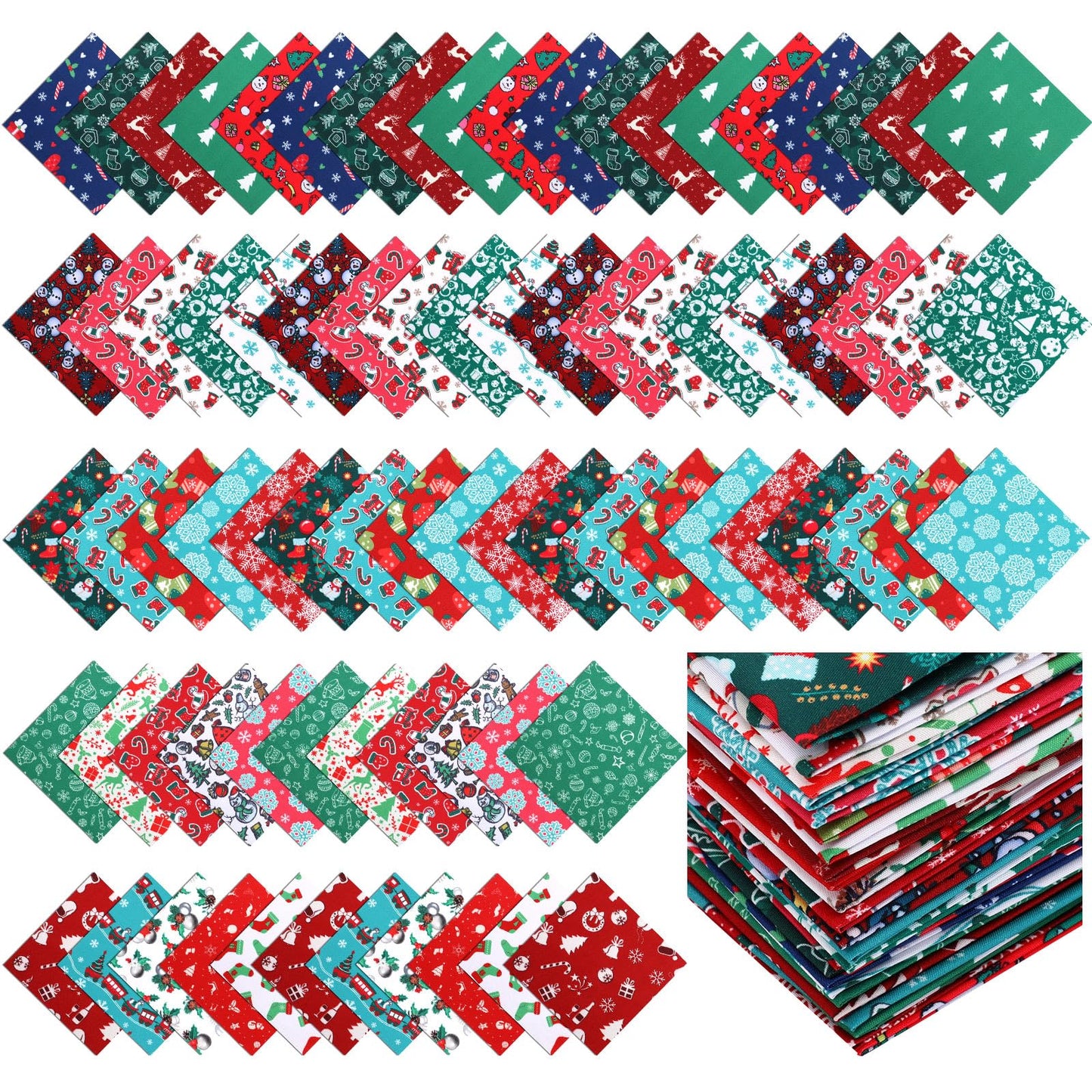 Preboun 300 Pcs 5 x 5 Inches Christmas Fabric Square Quilting Fabric Squares Bundle Sewing 25 Different Christmas Patterns Precut Polyester Patchwork for DIY Sewing Crafting Supplies
