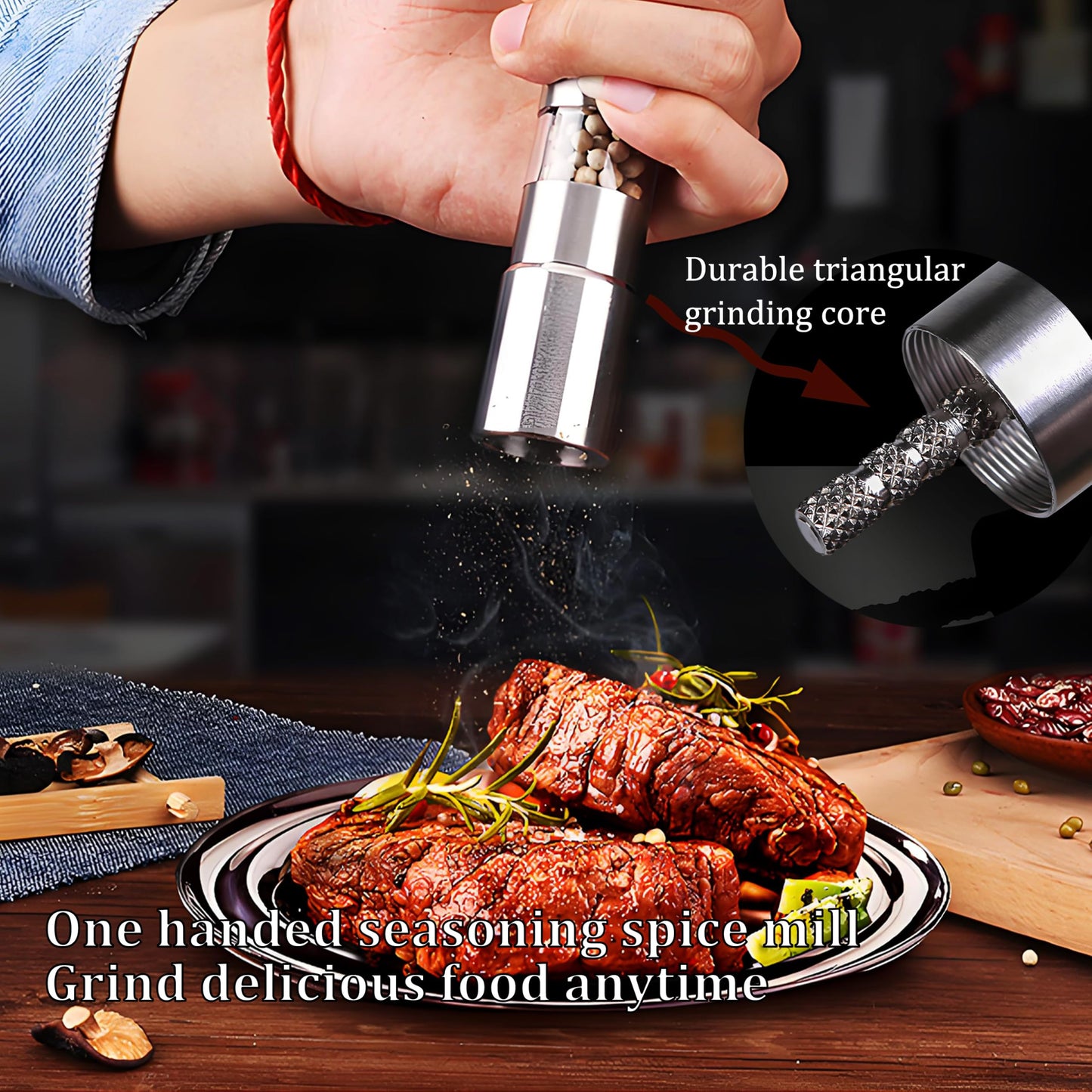One handed seasoning spice mill gadgets, push button salt and pepper grinder, Solid Stainless, 1 Pcs or Buy more, silver