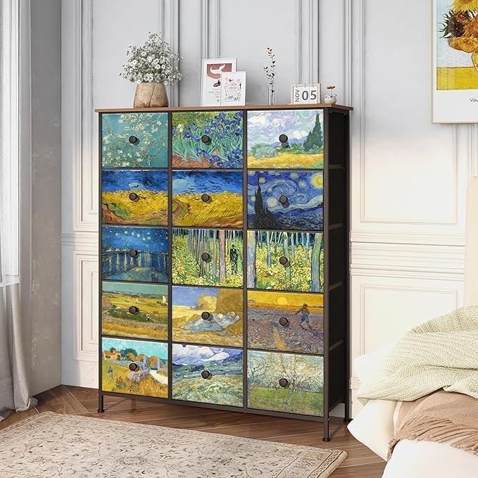 EXOTICA Large Chest of Drawers 15 Drawer Dresser Van Gogh Tall Fabric Dresser
