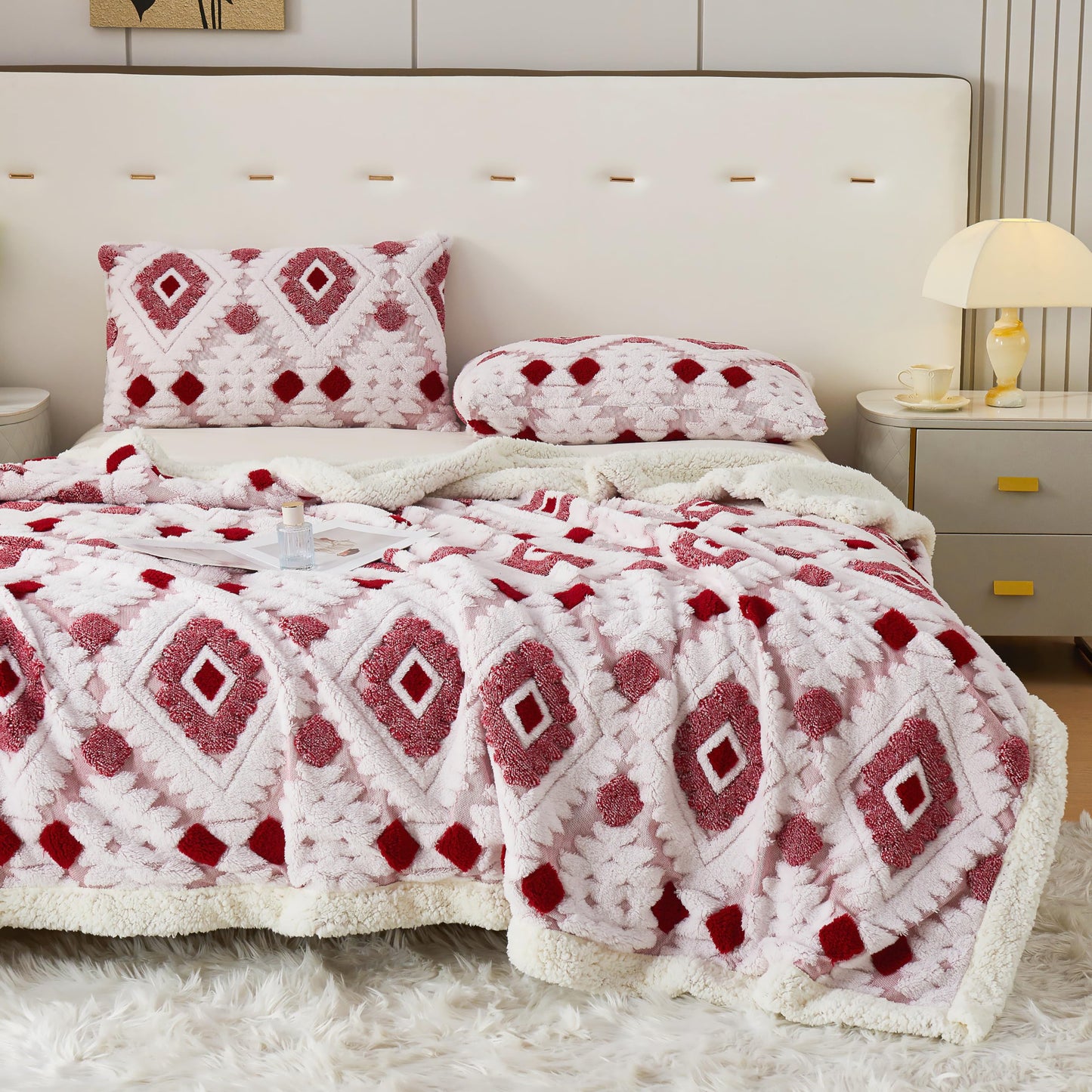LEVINIS Boho Sherpa Fleece Blanket 80'' × 90'', Ultra Soft Aztec Queen Blankets for All Season, Cozy, Plush, Bohemian Throw Blanket for Bed/Couch/Sofa/Office/Camping, Rose Red