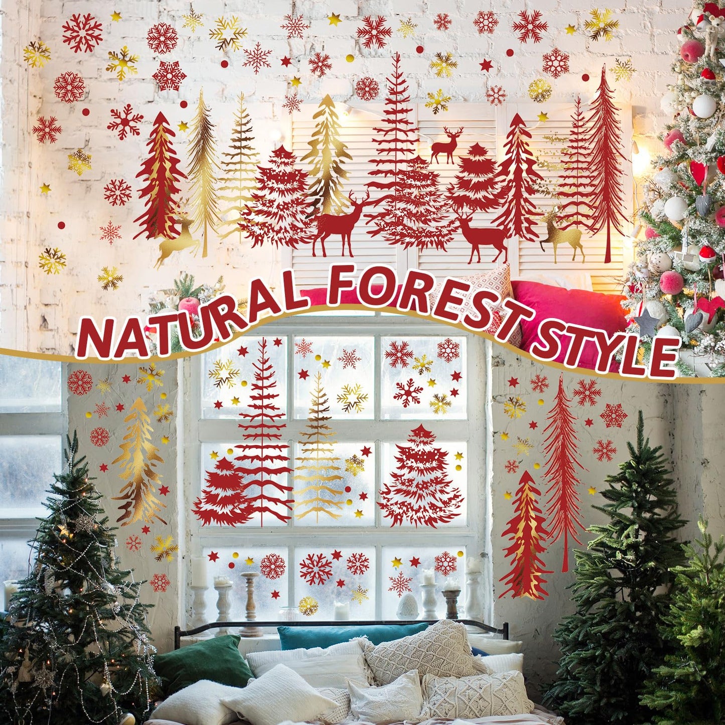 Teling 8 Pieces Winter Snowflake Wall Decals Stickers Dreamy Nursery Forest Woodland Trees Deer Pine Tree Wall Decals for Kids Room Winter Decor(Red, Gold)