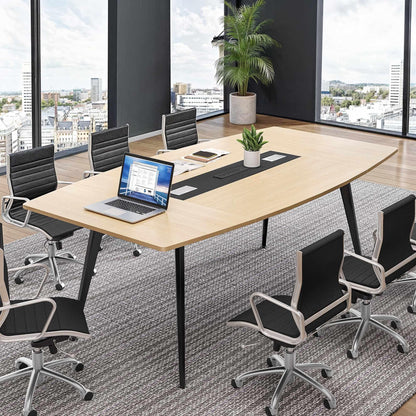 YITAHOME 6FT Conference Table with Power Outlets, 70.8 Inches Boat Shaped Meeting Table with Rectangle Grommet, Modern Seminar Table for Office Conference Room, Boardroom Desk, Light Wood Grain