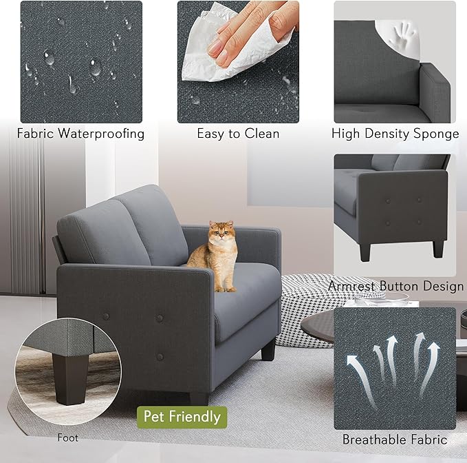 STHOUYN Comfy Loveseat Sofa Small Grey Couch, Small Love Seat Bedroom, Mid