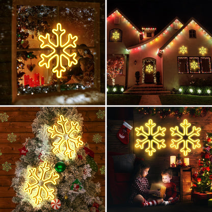Enhon Christmas Neon Snowflake Light, 12 Inch Giant Snowflake Lights, Battery and USB Powered Christmas Curtain Neon Sign with Timer for Xmas Party Decoration(Warm White,2 Pack)