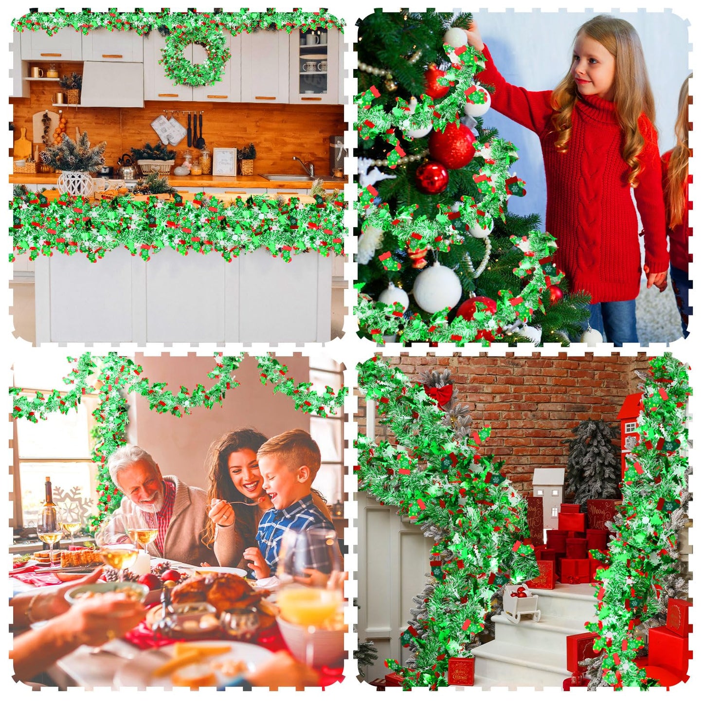 XunYee 98 ft Christmas Tree Snowflakes Tinsel Garland Decorations Red Green Metallic Twist Garland Holiday Shiny Wire Ornament for Xmas Festival Home Mantle Fireplace Indoor Outdoor Party Decor