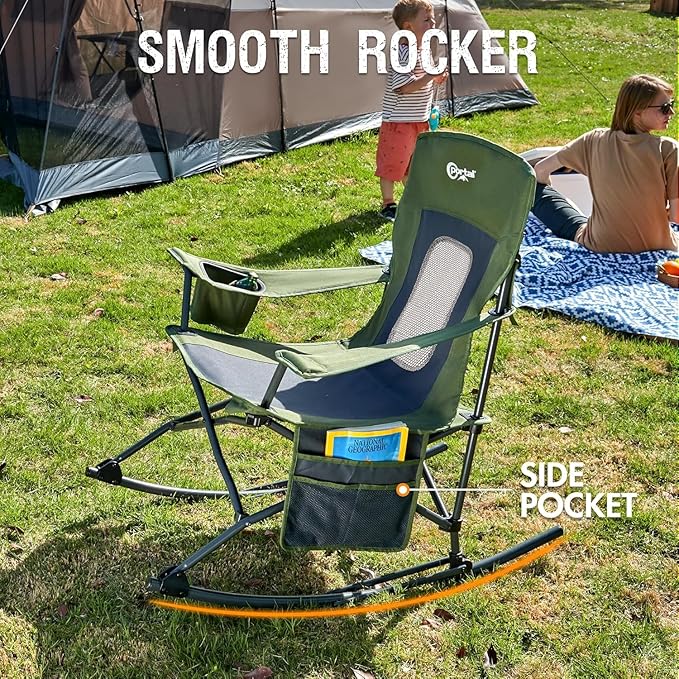 Portal Outdoor Rocking Chair Camping Folding Portable Rocker with Cup Holder Side Pocket Carry Bag, Support 350LBS (Mesh Green), 2 Pack