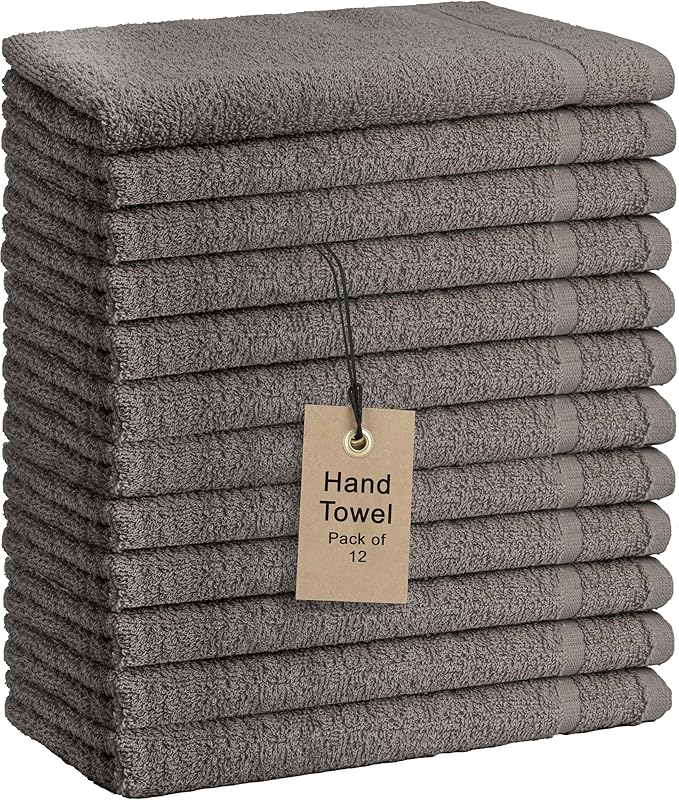 Basic Hand Towels 16x26 Inches – Pack of 12 – Grey Color – Soft and Absorbent