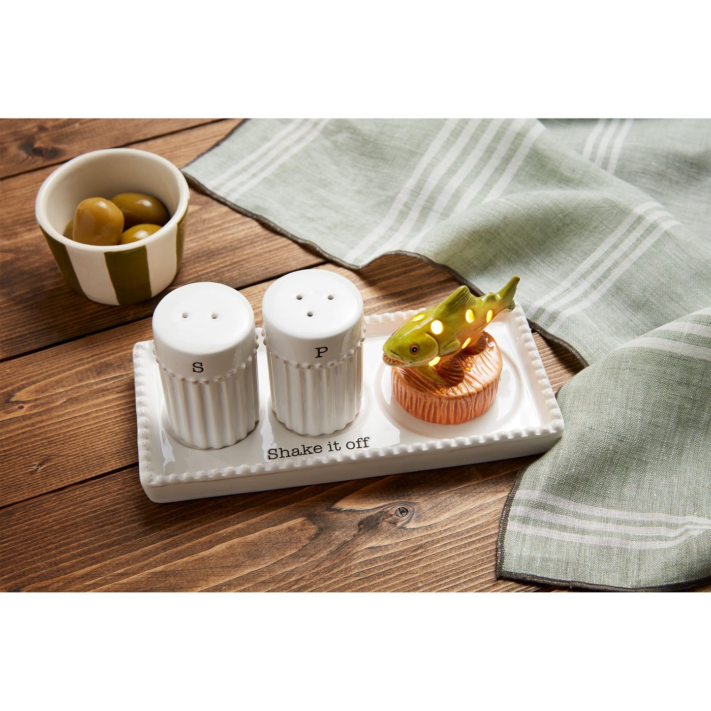 Mud Pie Salt Pepper Accessory Holder; shaker 2 3/4" x 1 3/4" dia | tray 3 1/4" x 6 3/4"
