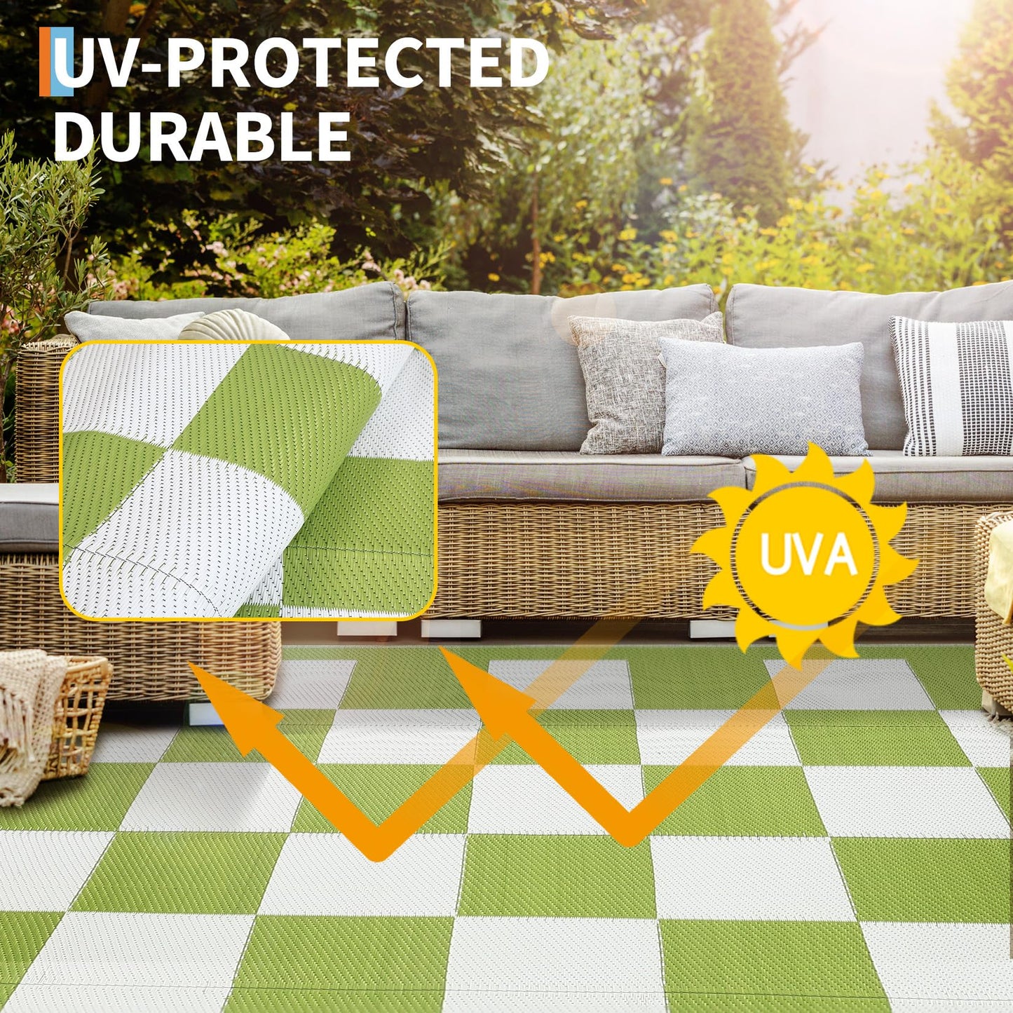 Garvee Outdoor Plastic Straw Rug 9x18 Waterproof UV Resistant Patio Camping Rug Modern Checkered Large Foldable Floor Mat for Camping, Picnic, Backyard, RV, Beach, Picnic, Deck, Green/White