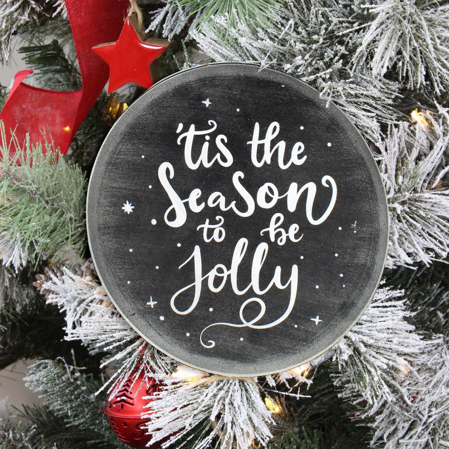 AuldHome Design Chalkboard Sign Ornaments (3 Pack); Jumbo Blackboard Style Round Metal Christmas Signs, Each 8-Inch Diameter