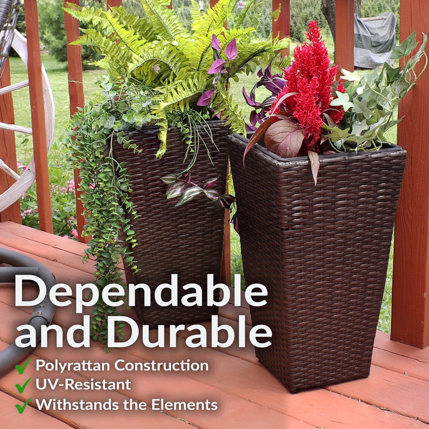 Sunnydaze Square Tall Wicker Outdoor Planter Set of 2 - Polyrattan Large Outdoor Planters for Porch, Patio or Garden - 20" Tall Plant Pots - Brown