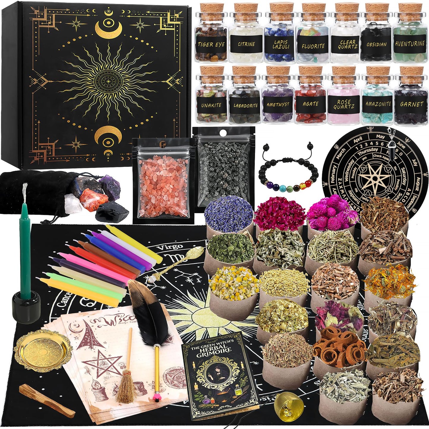 FLgengmh 90 PACK Witchcraft Kit for Beginners, Wiccan Supplies and Tools with Crystals Candles, Witch Altar Spell Set for Rituals,Energy Cleansing, Dried Flowers for Crafts, Witchy Gifts Box for Women