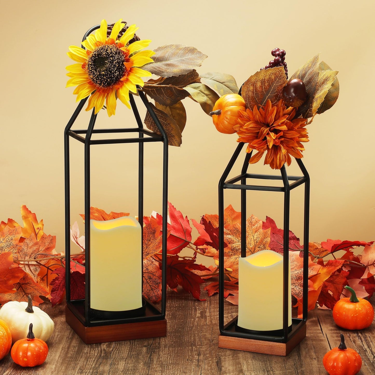 Perfnique Metal Lanterns w/ Pine Wood, Set of 2 Farmhouse Lantern Decorative w/ Waterproof Flameless Candle & Remote Timer, Modern Farmhouse Candle Holder for Outdoor, Porch, Fireplace(Wood Base)
