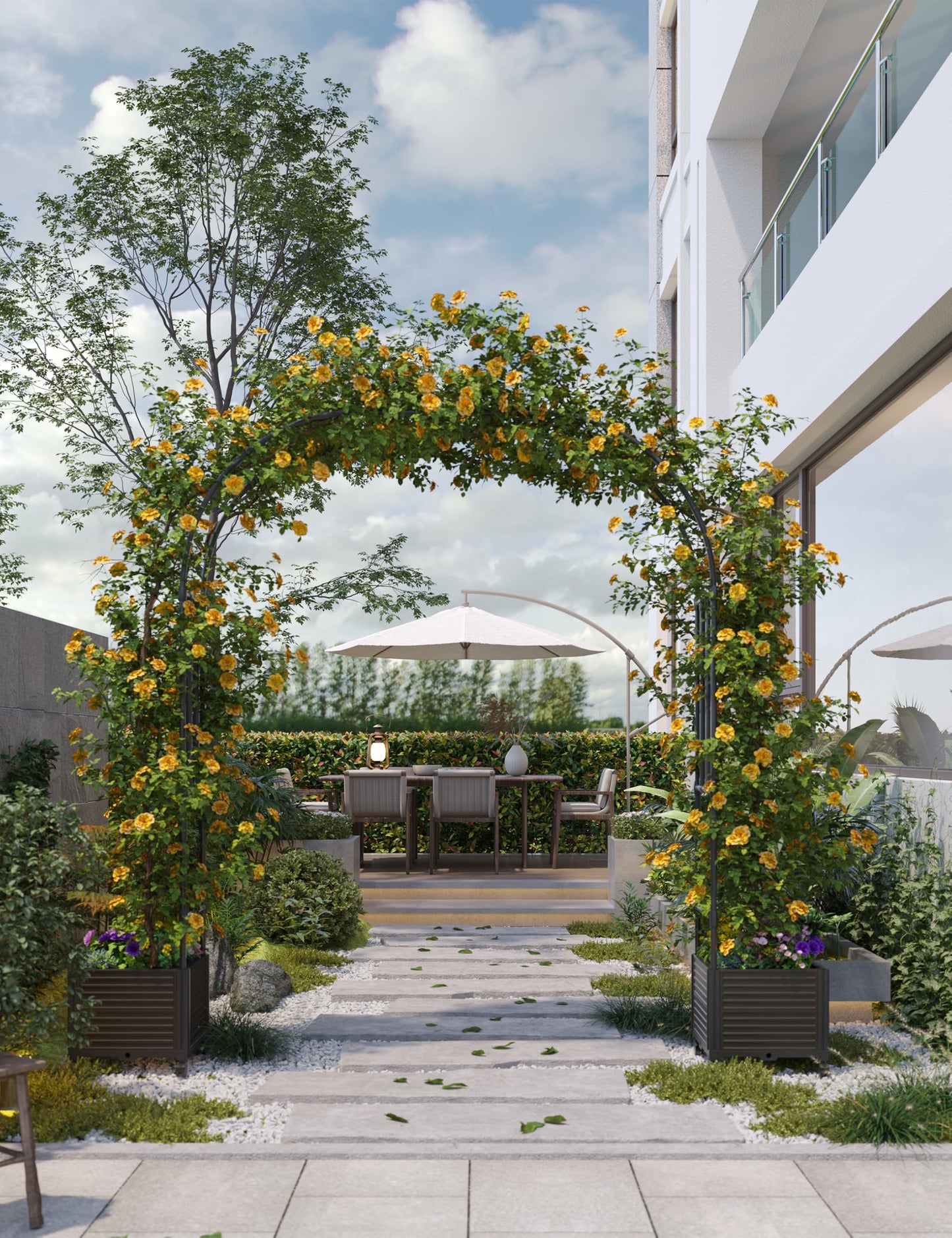 4.5 Inch Garden Arch Trellis with Planter Boxes & Wheels, PP & Steel Outdoor Archway for Climbing Plants, Adjustable Span Wedding Arch Decor for Garden, Patio, Balcony
