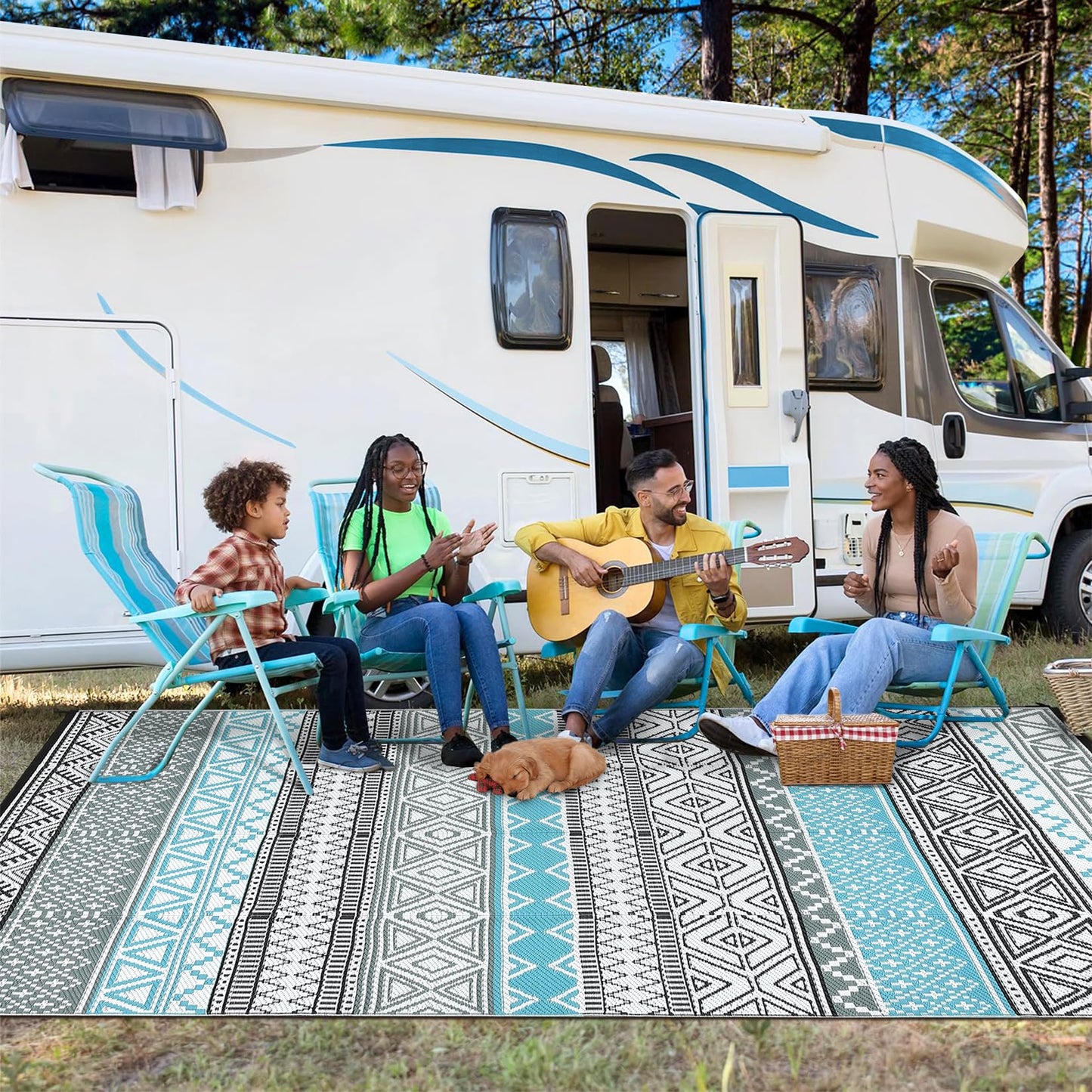 GarveeLife Outdoor Patio Rug 9x18 Waterproof Plastic Straw Rug, Reversible UV Resistant Foldable Camping Carpet Portable Modern Geometric Outdoor Floor Mat for Rv, Backyard, Blue/Grey