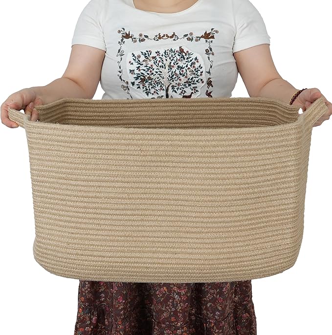 Large Rectangle Blankets Basket Living Room 22"x17"x12" Woven Jute Rope Storage