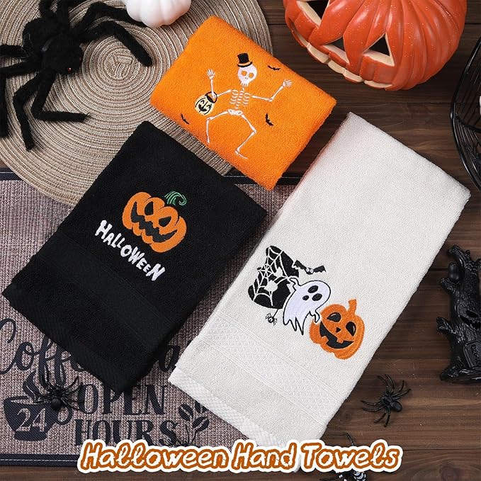 3 Pcs Halloween Hand Towels for Bathroom Embroidered Pumpkin Ghost Skull