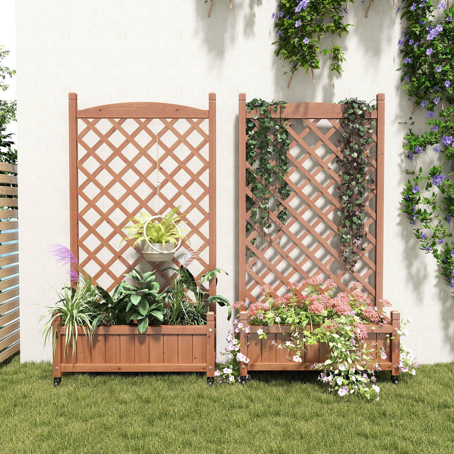 Metal Planter Box with Trellis, 73-Inch Tall Raised Garden Bed with Wheels, Privacy Screen Planter for Climbing Plants, Vegetables & Vines, Galvanized Steel Outdoor Privacy Shield, Black (Wood 2-pack)