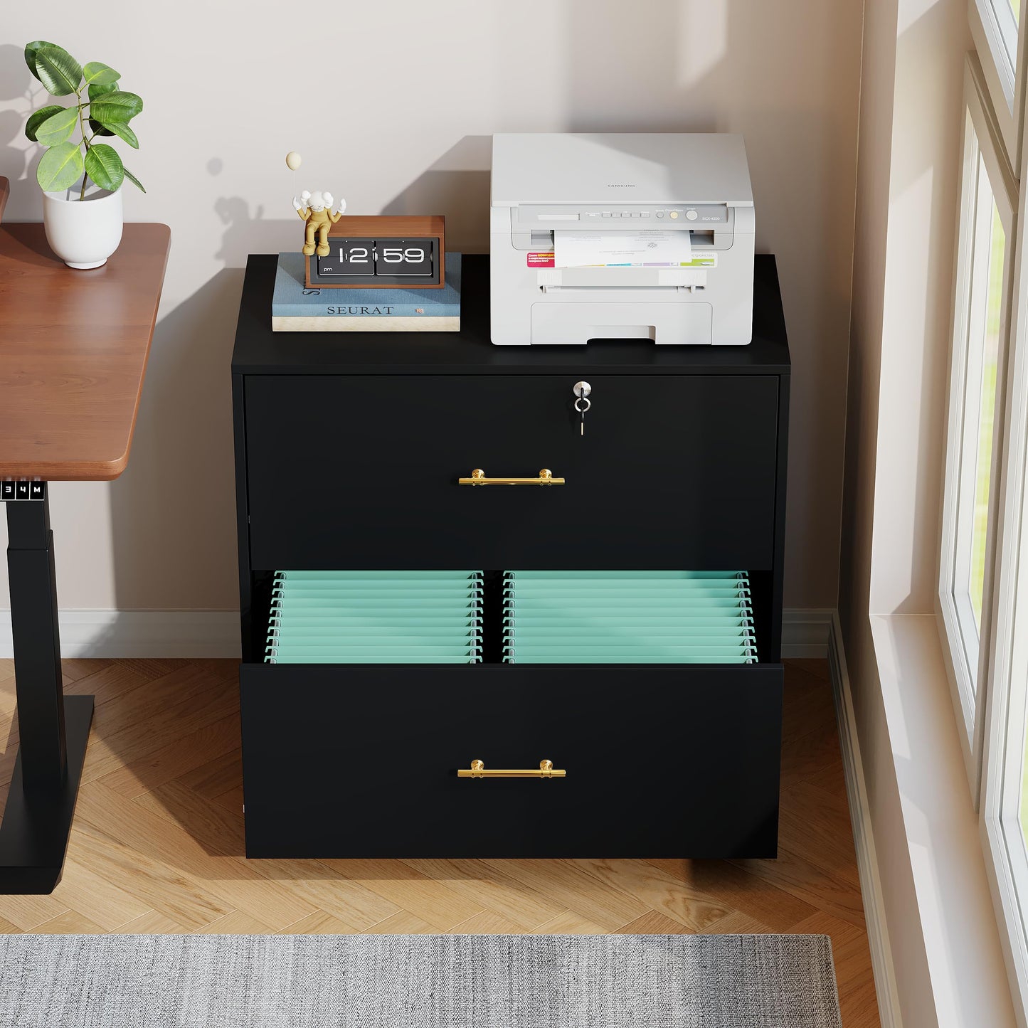 GFGWXW 2 Drawer Lateral File Cabinet with Lock, Suitable for Letter/A4/F4/Legal Size Hanging Files,Large Wood Filing Storage Cabinets Printer Stand for Home Office,Black