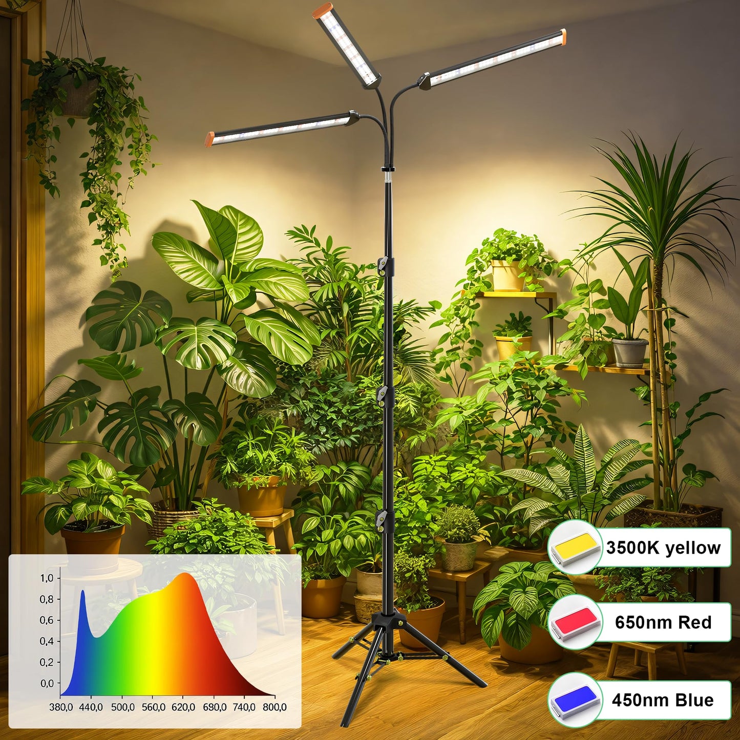 Quehoomii Grow Light with Stand for Indoor Plants,3500K Warm White Plant Light with Red Blue LEDs for Indoor Tall Large Plants Growing,Dimmable & Auto Timer,Height Adjustable 17-61"