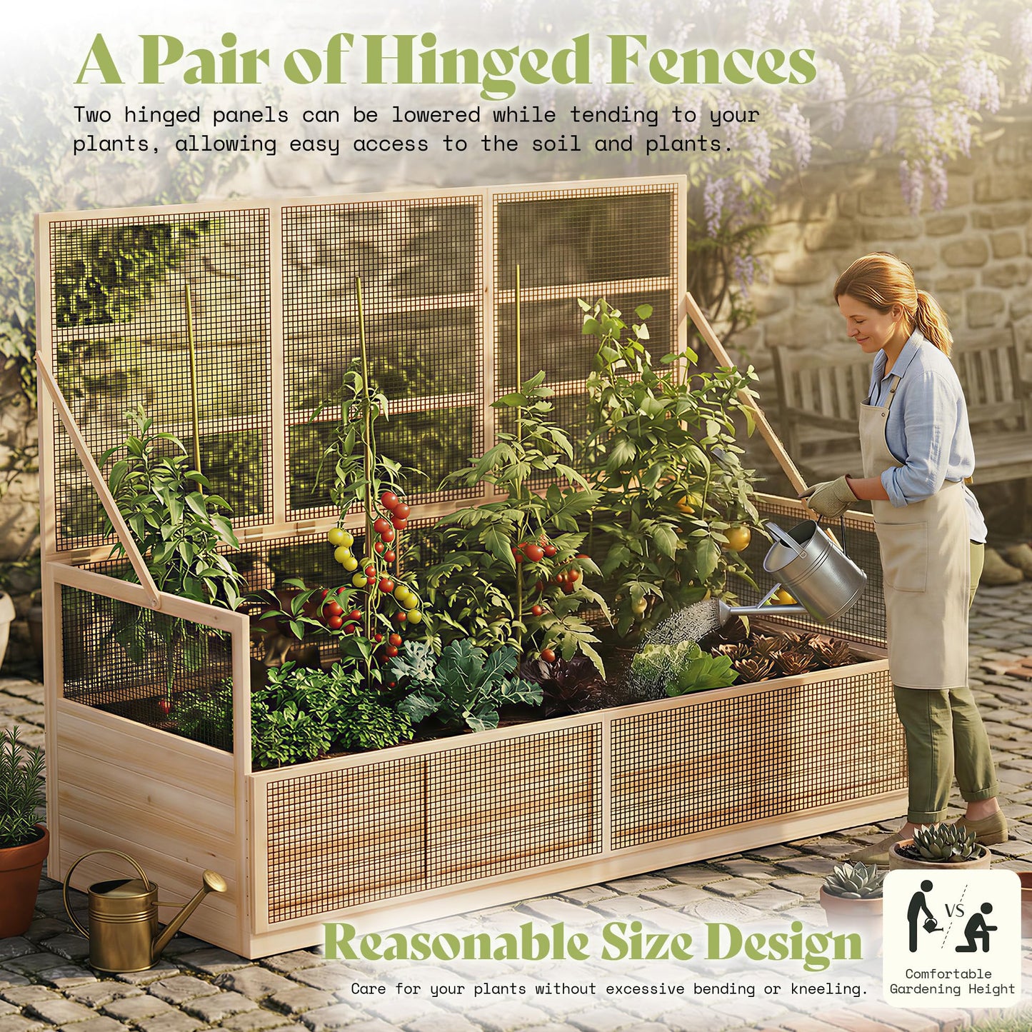 AMERLIFE Raised Garden Bed with Hinged Fencing and Trellis, 18 Inch Deepened Wood Planter Box, 2 PCS Flip-up Front Panel, Easy Assembly, Ideal for Seed Starting and Growing Vegetables & Fruits