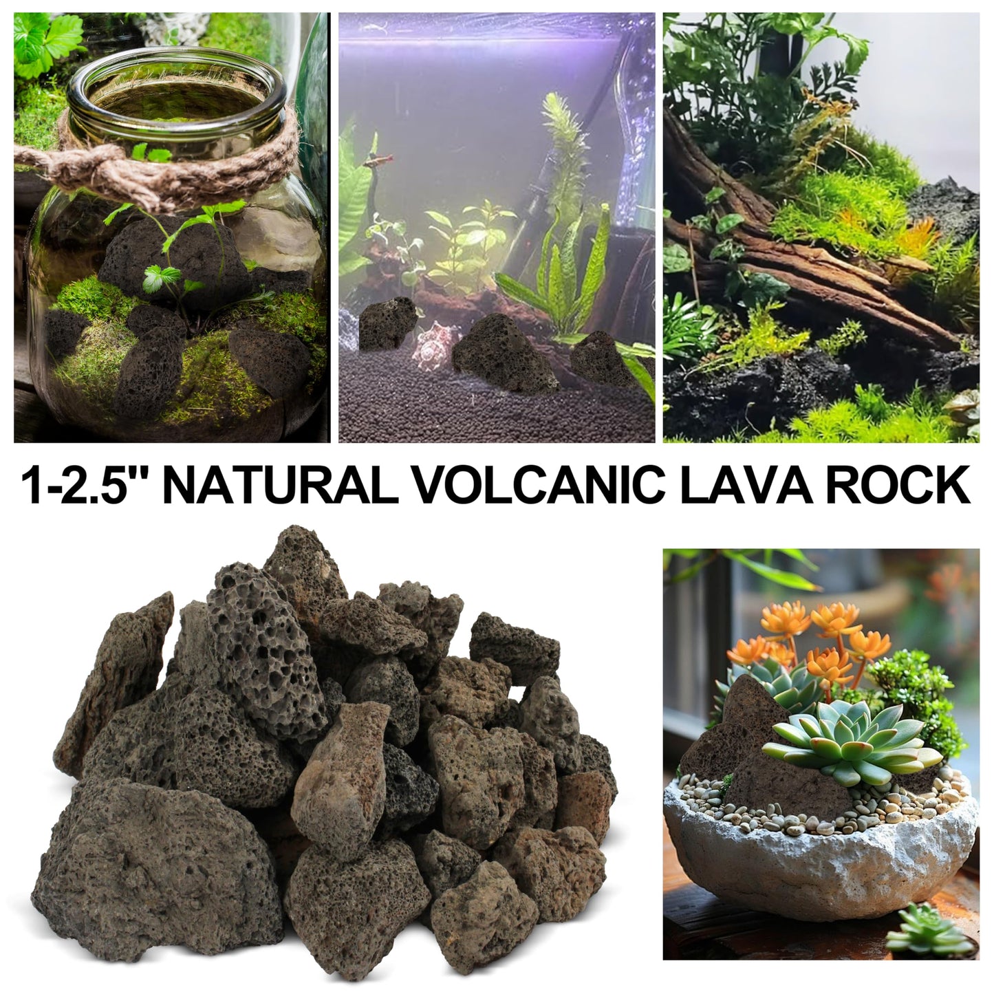 Skyolaq 1-2.5" Natural Volcanic Lava Rock for Aquarium, Plants, Fire Pit, Succulent & Garden Decor, 1lb
