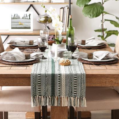 DII Farmhouse Braided Stripe Table Runner Collection, 15x108 (15x113, Fringe Included), Dark Green
