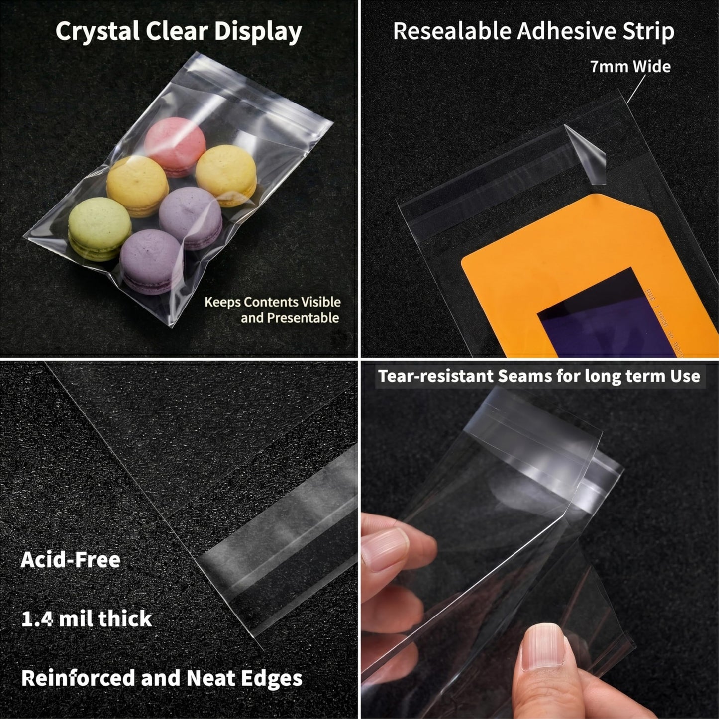 200ct Adhesive Clear Treat Bags 6'' x 9'' (15.2 x 22.9cm) - 1.4 Mil Extra Thick Self Sealing OPP Plastic Bags for Bakery Cookies Christmas Party Decorative Gift