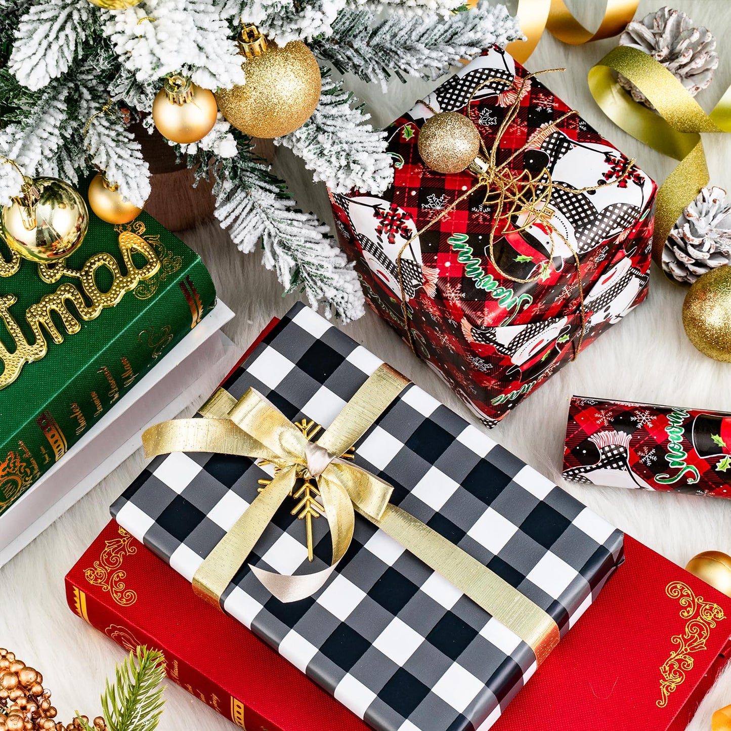 LeZakaa Christmas Wrapping Paper Mini Roll, Snowman & White Black Buffalo Plaid Xmas Reversible Design, Holiday Party Gift Wrap for Kids Boys Girls, 17 in x 32.8 Ft