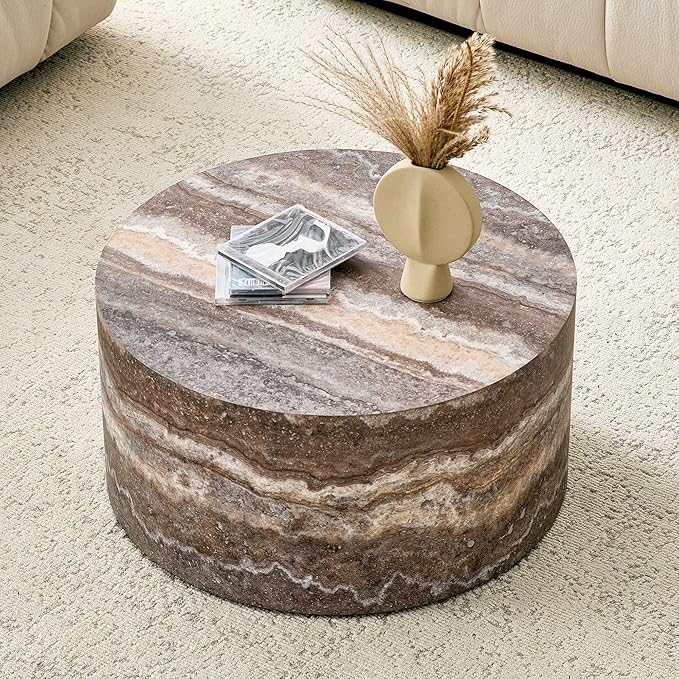 Round Coffee Table, 23.6" Modern Grey Faux Marble Drum Coffee Table, Round