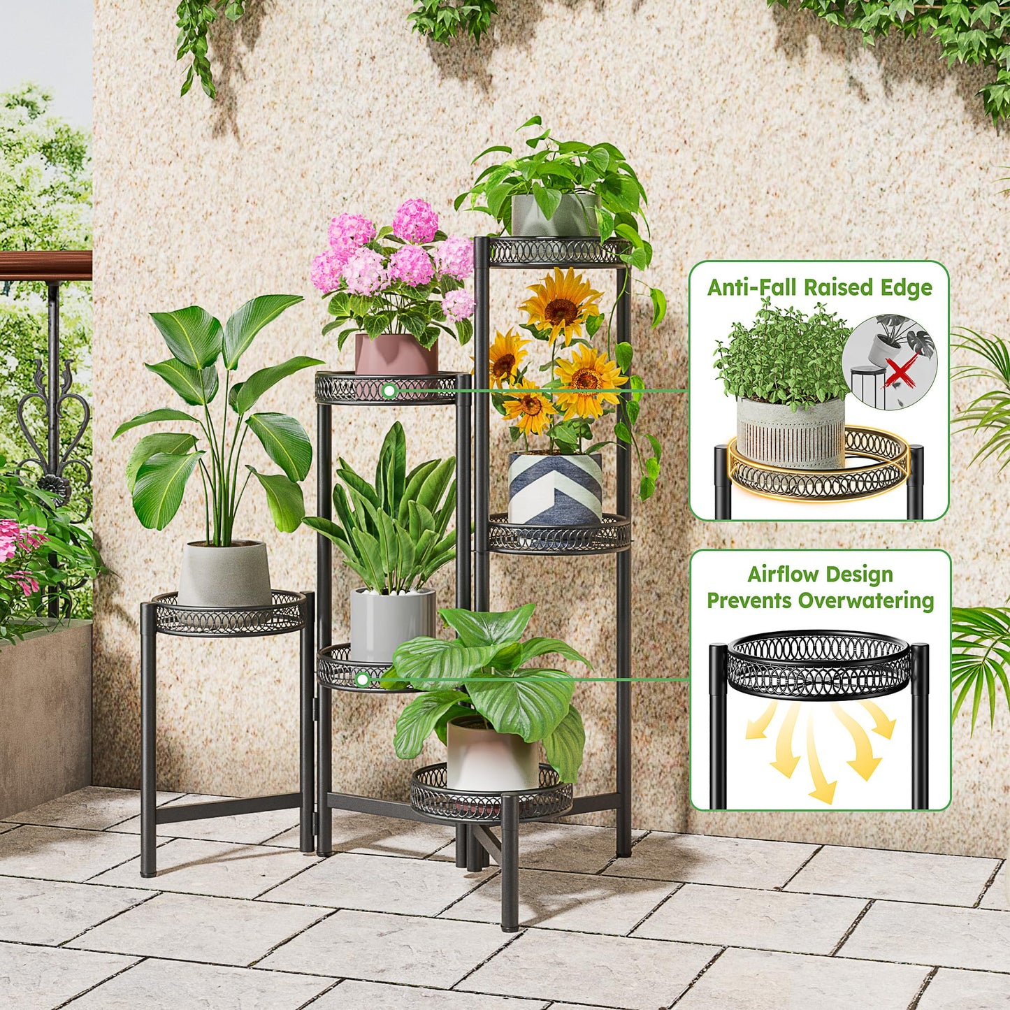 NQW 6 Tier Large Plant Stand Indoor with 7.9-Inch Wide Drainage Tray, Tiered Corner Metal Outdoor Flower Display Holder Shelf, Folding Tall Rack for House Patio Porch Balcony Graden - BlackFlower